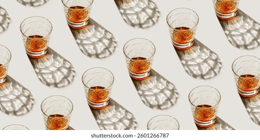 Crystal Whiskey Glasses at sunlight, repeated pattern on beige background, minimal neutral banner, aesthetic top view summer still life, refraction at shine alcohol drink, dark shadow, caustics effect Stock Photo