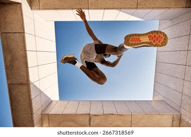 Dynamic low angle shot of man leaping under clear blue sky outdoors Stock Photo